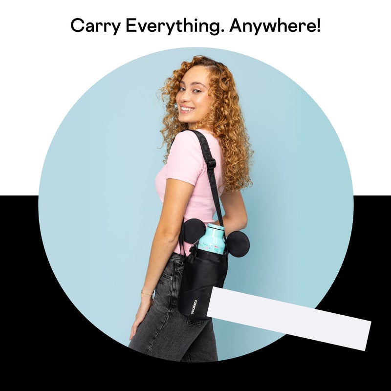 كوركسيكل حقيبة Corkcicle x Disney Minnie Mickey Mouse Ears Crossbody لزجاجة المياه باللون الأسود تناسب كوب بسعة 16-40 أونصة - عناصر آمنة في حامل زجاجة المياه مع حزام - Image 3